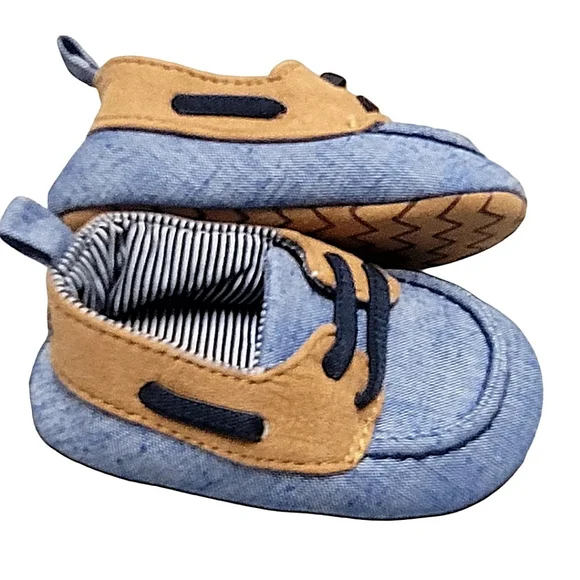 Target Brown & Blue Baby Boy Boat Crib Shoes w Faux Laces sz 3-6 Months - Picture 3 of 8